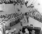 MacArthur, Nimitz and Halsey arrive at the Japanese surrender ceremony, 2 September 1945.