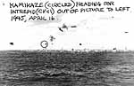 Kamikaze (circled) approaches Intrepid CV-11 (off left edge of photo), 16 April 1945.