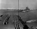 Enterprise CV-6 departs Alameda, CA on 18 September 1945. Saratoga CV-3 is in background.