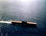 Color, overhead view of Enterprise CV-6 in the Pacific, June 1941.