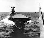 A classic image of the Big E, as seen from a Dauntless dive-bomber just launched from her deck.