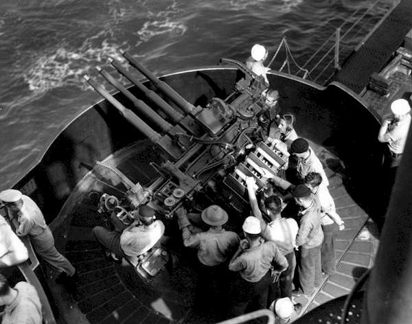 A quad 1.1" anti-aircraft gun mount on Enterprise CV-6, in early 1942.