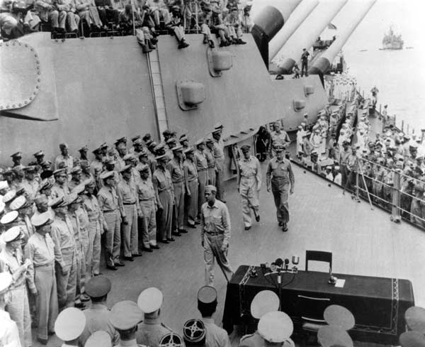 MacArthur, Nimitz and Halsey arrive at the Japanese surrender ceremony, 2 September 1945.