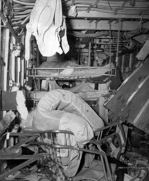 Crews' quarters in Enterprise CV-6, damaged by enemy attack during Battle of Santa Cruz.