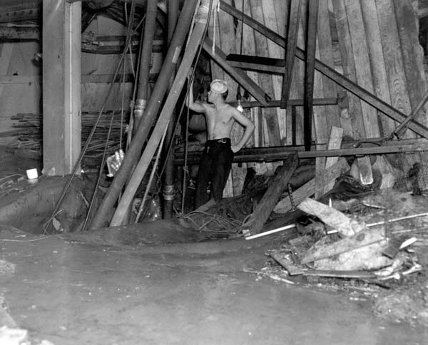 Interior view of the cofferdam constructed to stop flooding, Battle of the Eastern Solomons.