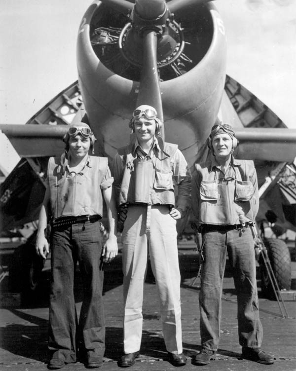 A VT-10 aircrew: Donald P. Fauth AMM 1/c, LT(jg) Joseph A. Doyle, Lawrence E. Byrum ARM 2/c.