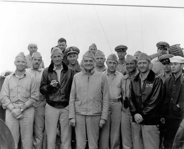 Then-Vice Admiral William F. Halsey and his staff aboard flagship Enterprise CV-6, early 1942.