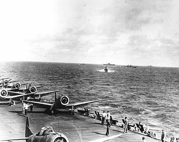 Enterprise CV-6 prepares to launch search an afternoon search, 19 May 1942.