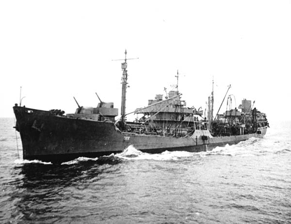 Oiler Cimarron AO-22 approaches Enterprise to refuel her, 25 January 1944.