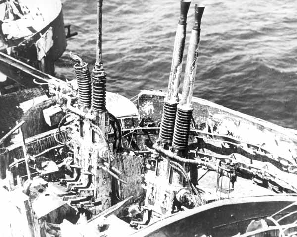 Damaged 40mm gun mount forward of Enterprise CV-6's island, 20 March 1945.