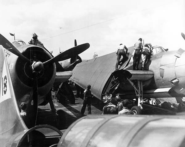 Torpedo 20 TBM Avengers returned from a strike on Formosa, 12-13 October 1944.