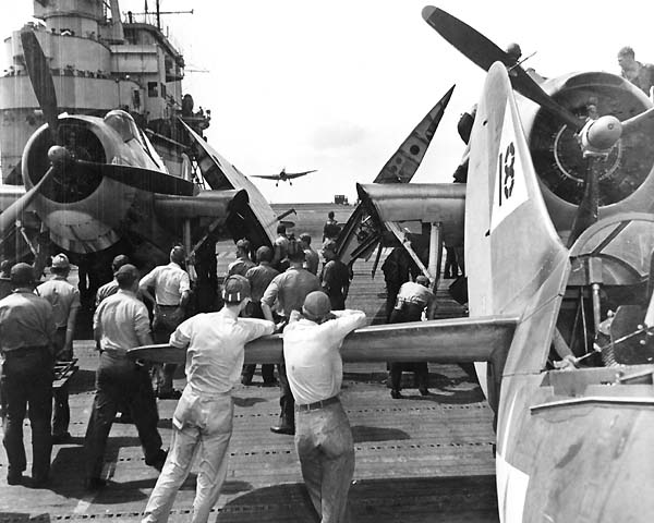 Air Group 20 planes land aboard Enterprise CV-6, following another strike against Formosa (Taiwan).