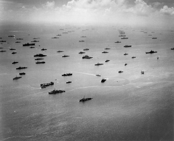 Elements of the US fleet at anchor in Ulithi Atoll, Spring 1945.