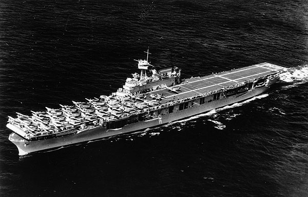 Enterprise CV-6, circa 1940, from above her port bow.