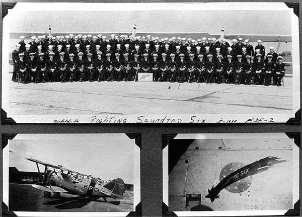 Officers, men, plane and insignia of Fighting Squadron Six, deployed on Enterprise CV-6, May 1938.