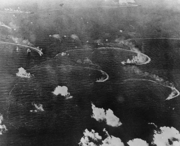 Japanese fleet under attack by US carrier-based aircraft: Battle of the Philippine Sea, 20 June 1944