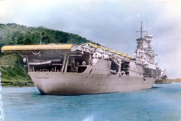 A unique, hand-colored photo of Enterprise CV-6 in the Panama Canal, 20 April 1939.