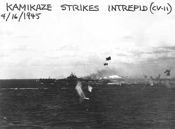 Kamikaze strikes Intrepid CV-11, 16 April 1945.