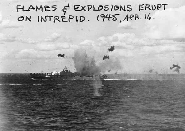 Intrepid CV-11 erupts in flames after Kamikaze hit, 16 April 1945.