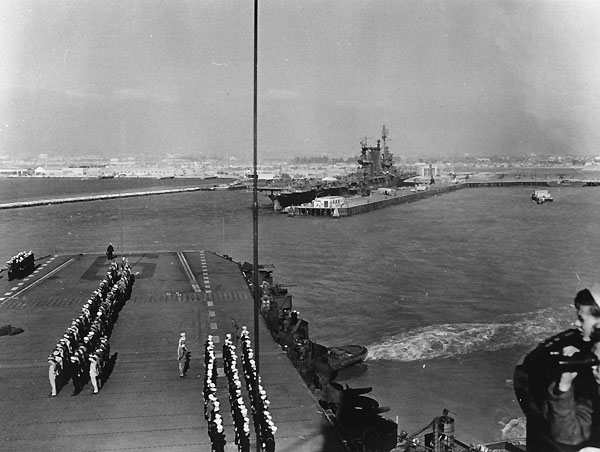 Enterprise CV-6 departs Alameda, CA on 18 September 1945. Saratoga CV-3 is in background.