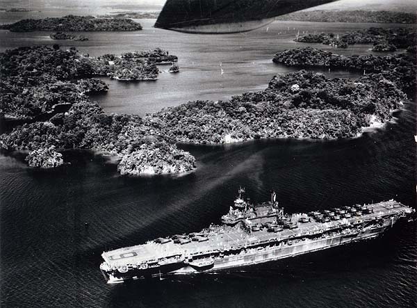 Enterprise CV-6 passing through the Panama Canal on her way to New York City, 11 October 1945.