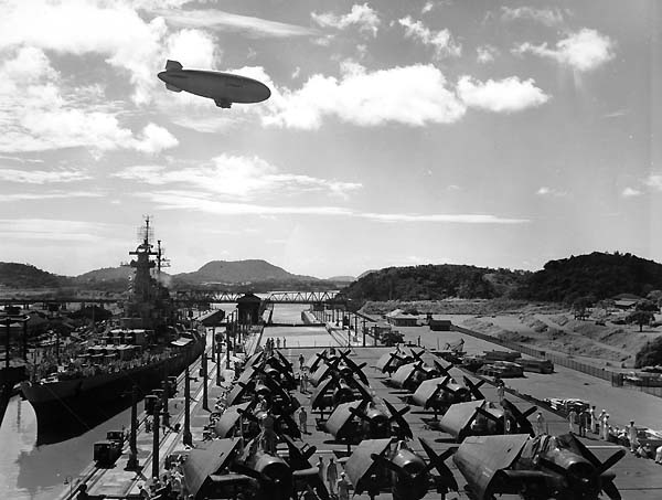 Enterprise CV-6 and Washington BB-56 in the Miraflores Locks, Panama Canal, 11 October 1945.