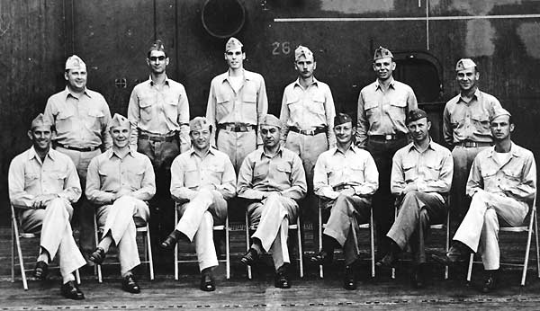 Captain Grover B.H. Hall and his officers, photographed aboard Enterprise in 1945.