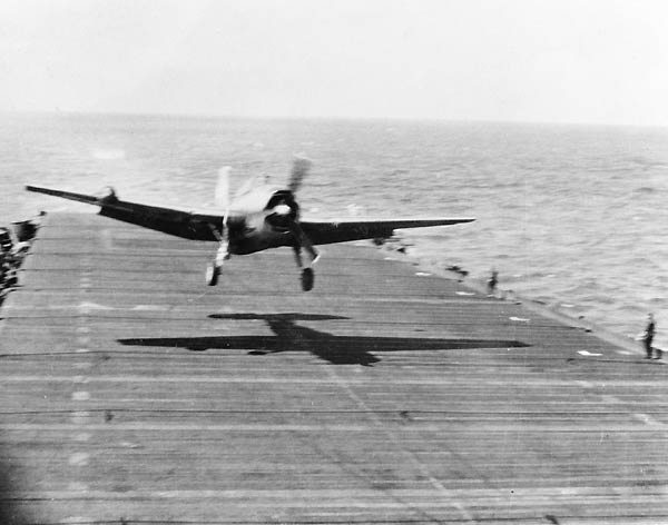 A VT(N)-90 Avenger piloted by LT James "Casey" Moore bounces and misses the arresting wire.