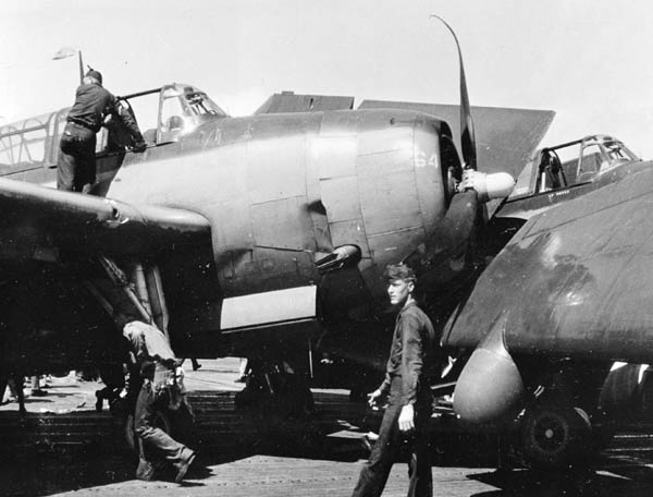 Nose of a VT(N)-90 Avenger piloted by LT James "Casey" Moore, damaged in a deck crash.