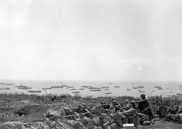 Iwo Jima scene, photographed by party visiting from Enterprise CV-6, 9 March 1945.