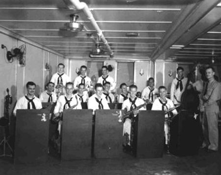 The Hellcats Band plays for an officers' dinner dance aboard Enterprise CV-6, July 1944.