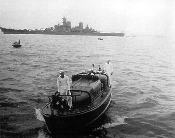 Admiral Halsey's barge, photographed from Tabberer DE-418, sometime in 1944-1945.