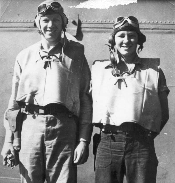 Ensign Walt "Red" Fingers (left) and Radioman Jack Glass of VB-10, January 1943.