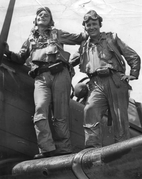 LT Oliver W. Hubbard (left) and Radioman Jack Glass of Bombing Squadron 10, February 1944.