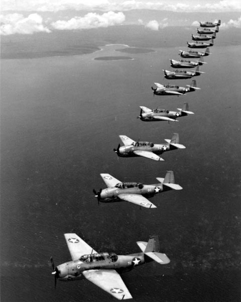 Torpedo Ten Avengers in formation over Espiritu Santo, March 1943.