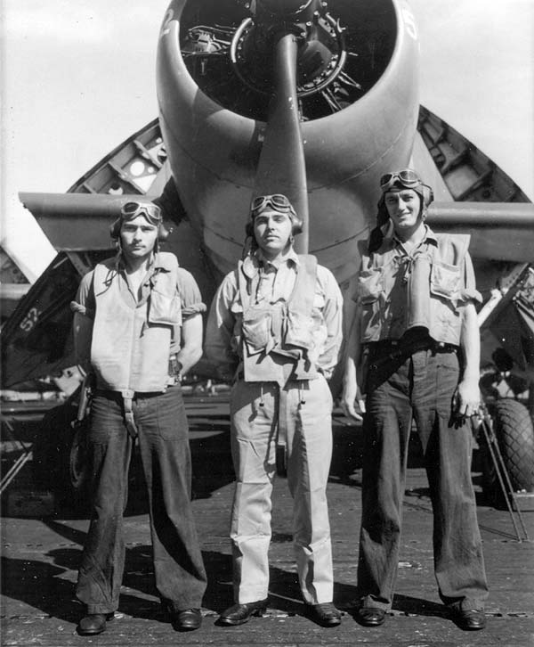 LT(jg) C B Collins (center) and his VT-10 air crew, in spring 1944.