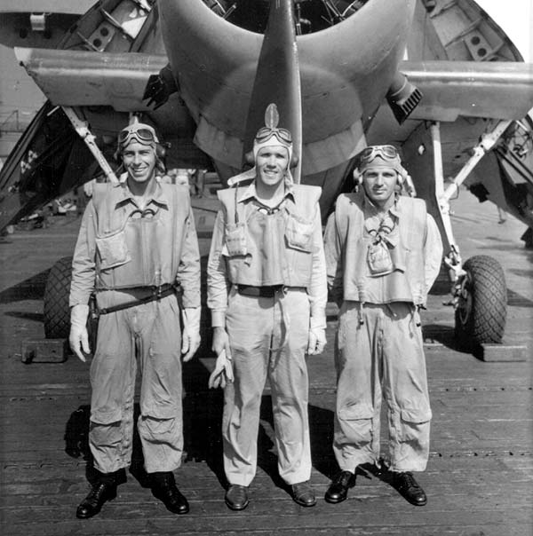 LT(jg) Ralph W. Cummings (center) and his VT-10 air crew, in spring 1944.