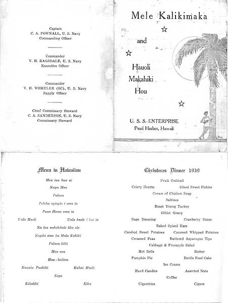 Christmas dinner menu presented to men aboard Enterprise CV-6, 1939.