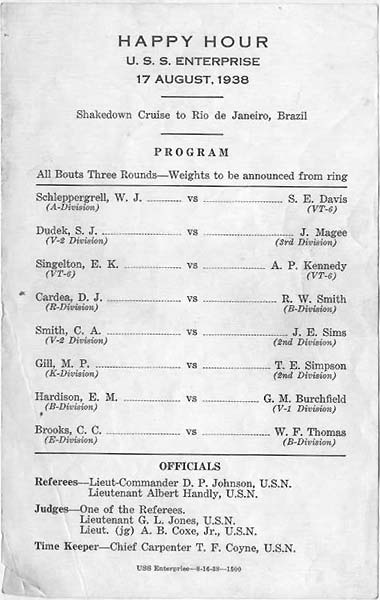 Boxing program for 17 August 1938, during Enterprise CV-6's shake-down cruise to Rio de Janeiro.