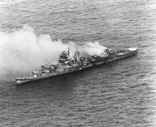 The Japanese cruiser Mikuma, photographed from an Enterprise SBD, 6 June 1942.