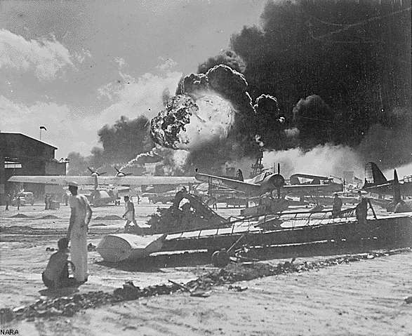 Wreckage at Ford Island Naval Air Station, Pearl Harbor, Territory of Hawaii, 7 December 1941.