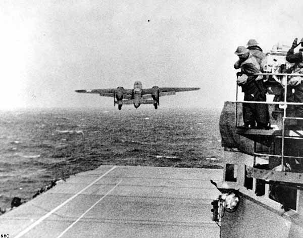 The Doolittle Raid: an Army B-25 Mitchell Lifts off Hornet CV-8, 18 April 1942.