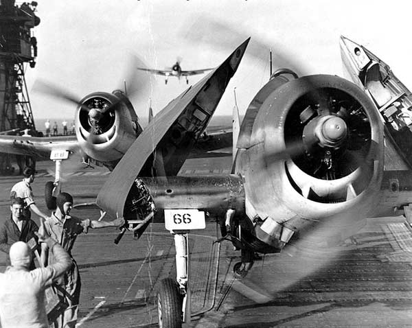 Fighting 10 Hellcats return to Enterprise CV-6 following a strike against Truk Atoll, February 1944.