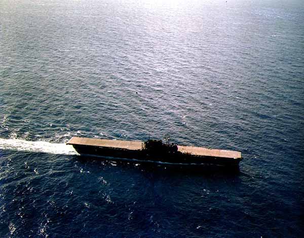 Color, overhead view of Enterprise CV-6 in the Pacific, June 1941.