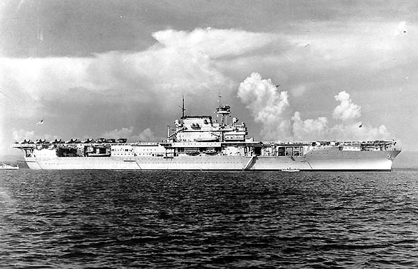 Enterprise CV-6, circa 1940, with aircraft parked on her aft flight deck.