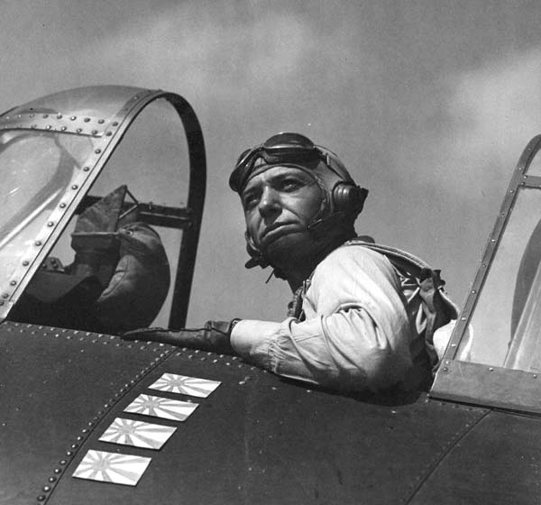 Fighting Six Machinist Donald E. Runyon in his Grumman F4F-4 Wildcat.