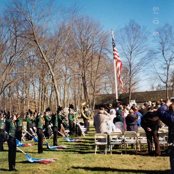 Color Guards and the Big E's Commissioning Day flag, at the stern plate dedication ceremony.