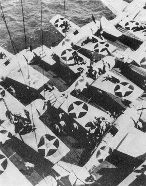 Fighting Six Wildcats on Enterprise CV-6's flight deck, following the March 1942 Marcus Island Raid.