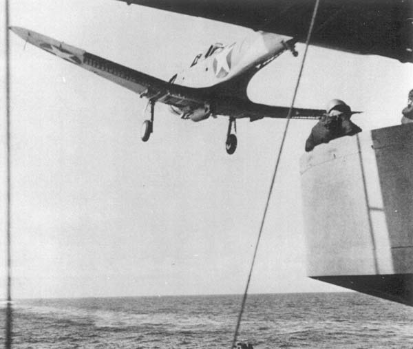 A Scouting Five SBD piloted by LT Turner Caldwell takes off from Enterprise CV-6, 7 August 1942.