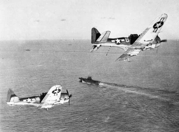 Two Bombing Ten SBD Dauntlesses over Enterprise CV-6, Palau Raids, 30 March 1944.